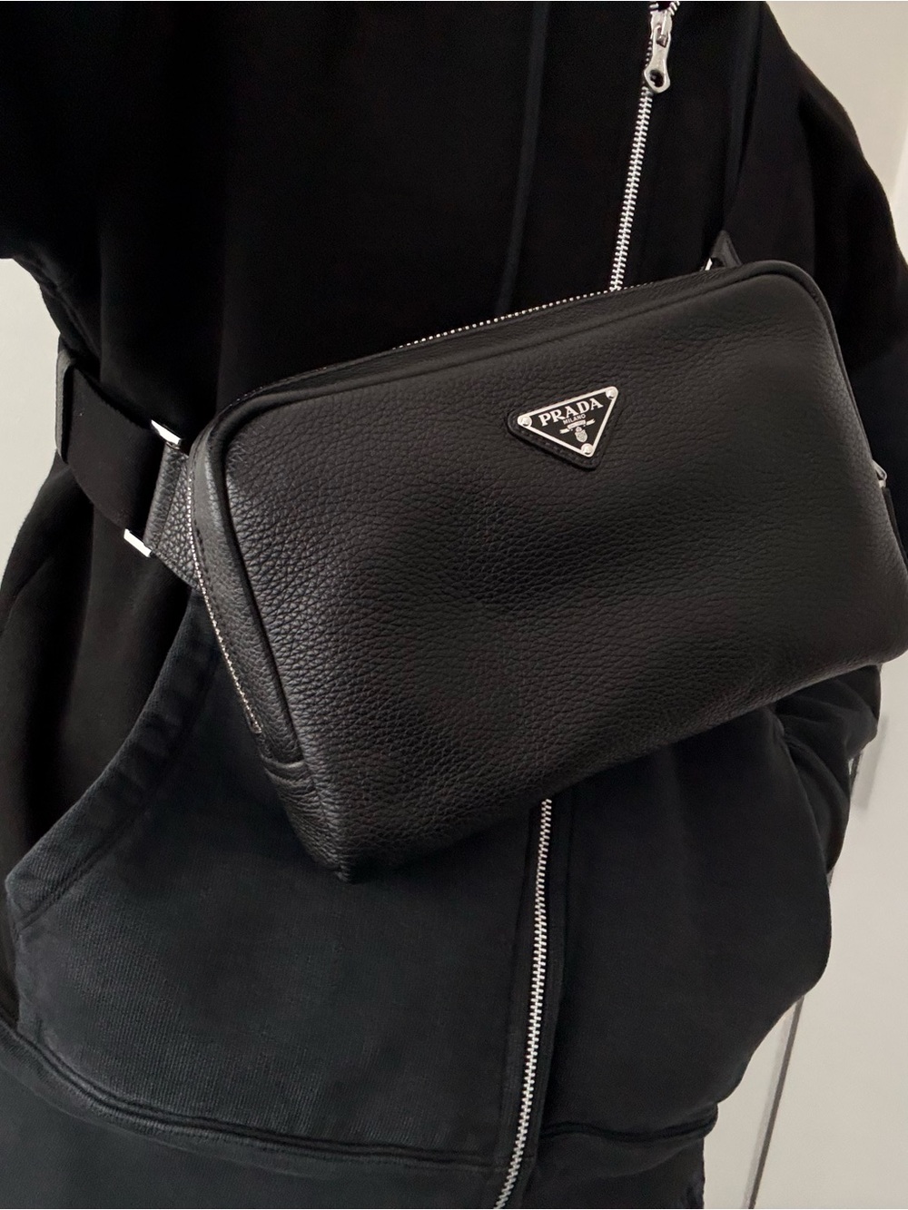 Prada Black Pebbled Leather Belt Bag with Silver Logo - Picture 4 of 8